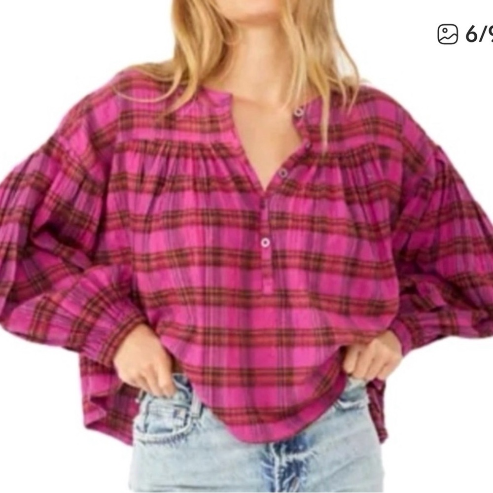 We the Free Jessi Pink plaid top Size L